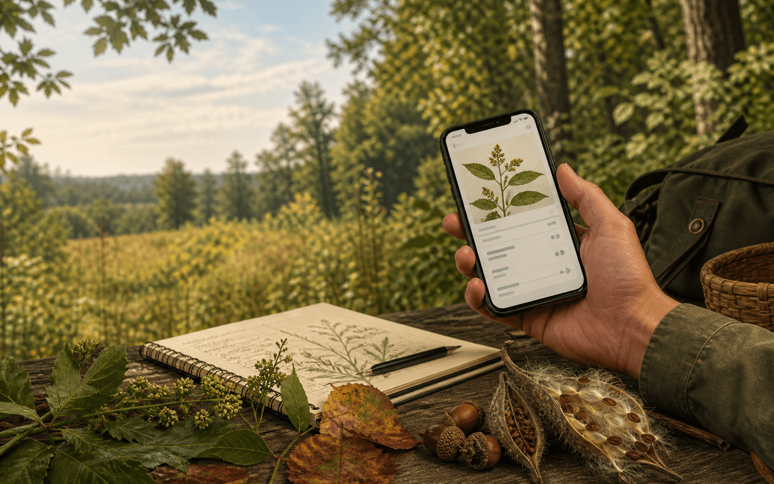 Phone, field notebook, and native seed pods at a woodland edge
